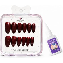 Renas Store Bordo Simli Takma Tırnak Seti, Yapıştırıcılı, Uzun Badem, Form, Dayanıklı Press On Nail Art, Evde Kolay Uygulama, Şık ve Parlak Görünüm