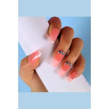 Renas Store Ruby Face Pembe Frenchli Taşlı Takma Tırnak Seti Pembe&french