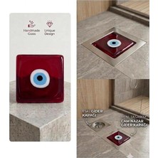 Abnturk Nazar Boncuklu Kırmızı Renk Cam Gider Kapağı Koku Böcek Önleyici Dekoratif Gider Kapağı Süsü 10X10CM 1,5cm Kalınlık
