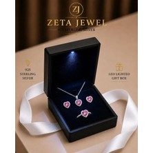 Zeta Jewel 925 Ayar Gümüş Pembe Taşlı Kalp Kolye Küpe Yüzük Seti | Işıklı Hediye Kutulu | Zarif Kalp Tasarım