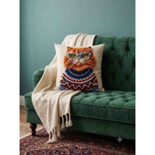 Velnox 3D Baskılı Punch Görünümlü Gözlüklü Kedi Desenli Fermuarlı Salon Koltuk Kırlent ve Yastık Kılıfı 43X43 cm