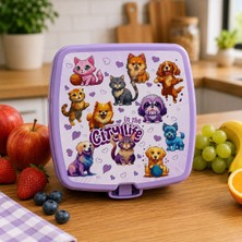 A&A Çocuk Beslenme Seti Kedi Köpek Desenli Beslenme Kutusu Çatal Kaşık Seti Mor