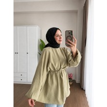 Moonsc Kadın Balon Kol Bel Bağlamalı Standart Beden Haki Tunik Tesettür Gömlek