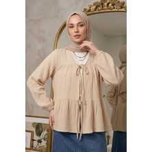 Modestim Önü Bağlamalı Kimono Tesettür Tunik Bej Oversize Yeni Sezon Rahat Kalıp Önü Baglamalı Tesettür Tunik