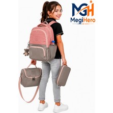 MegiHero Ilk Okul Çantası 3'lü Seti Unisex Çocuk Ilkokul Çantası MTC-8010 Pudra Vizon