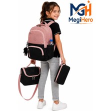 Ilk Okul Çantası 3'lü Seti Unisex Çocuk Ilkokul Çantası MTC-8010 Pudra-Siyah