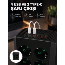 8'li Dikey Çoklu Priz 4 USB 2 Typec Akım Korumalı Anahtarlı Priz