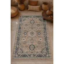 Babil Home Bej Klasik Çiçek Desenli Kendinden Saçak Kilim 3026 1