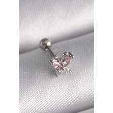 TeknoKapsül 316L Çelik Gümüş Renk Pembe Zirkon Taşlı Kelebek Tragus Piercing