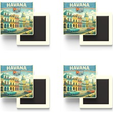 İberk Buzdolap Magnetleri - Küba Cuba Havana Retro Tema - 4 Adet