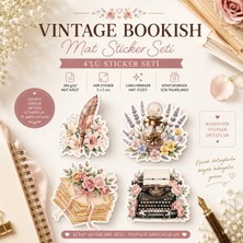 Tişört Kodu Vintage Bookish Mat Sticker Seti – 4’lü | Kitap, Daktilo & Çiçek Temalı