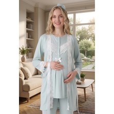 raia Yeni Sezon Mint Yeşili Dantel Detaylı Yazlık Tasarım Düğmeli Hamile Lohusa Sabahlık Pijama Takım Set