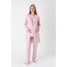 raia Kadın Pudra Dantelli Düğmeli Kışlık Özel Tasarım Lohusa Hamile Sabahlık Pijama Takımı Seti