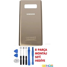 Genos Samsung Galaxy Note 8 Arka Pil Batarya Kapağı Cam Gold + Montaj Set