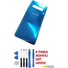 Genos Samsung Galaxy S10 Plus Arka Cam Kapak Batarya Pil Kapağı Mavi + Montaj Set