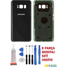 Genos Samsung Galaxy S8 Plus G955F Arka Cam Kapak Batarya Pil Kapağı Siyah Yapıştırıcı B7000 Montaj Set