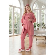 raia Yeni Sezon Nar Çiçeği Şal Yaka Düğmeli Yazlık Jakarlı Kısa Kol Hamile Sabahlık Pijama Takımı Seti