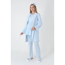 raia Mavi Jakarlı Şal Yaka Özel Tasarım Kışlık Uzun Kol %100 Pamuk Hamile Sabahlık Pijama Takımı 3'lü Set