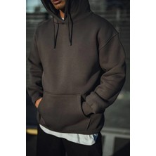 Tarz Yeri Erkek 3 Iplik Pamuklu Kapüşonlu Basic Sweatshirt Hoodie - Füme