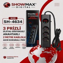 Antenci Showmax SH-4634 Dijital Göstergeli 3lü 2metre Kablolu Akım Korumalı Grup Priz