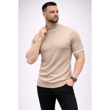 Tarz Yeri Erkek Fitilli Triko Dokuma Kısa Kol Tişört Yarım Boğaz Modern Yazlık T-Shirt - Bej