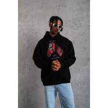 Tarz Yeri Erkek Kapüşonlu Cepli Box Eldiven Baskılı 3 Iplik Sweatshirt Hoodie - Siyah