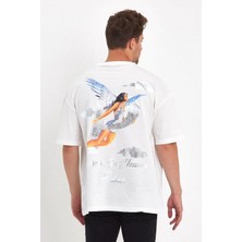 Tarz Yeri Erkek Kısa Kol Tişört Bisiklet Yaka Melek Baskılı Oversize T-Shirt - Beyaz