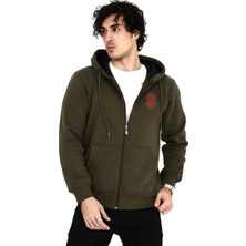 Tarz Yeri Erkek 3 Iplik Pamuklu Kapüşonlu Tam Fermuarlı Cepli Hoodie Sweatshirt - Haki