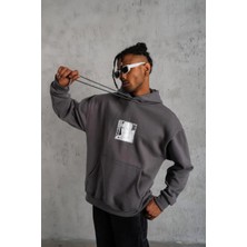 Tarz Yeri Erkek 3 Iplik Pamuklu Kapüşonlu Baskılı Cepli Oversize Sweatshirt Hoodie - Gri