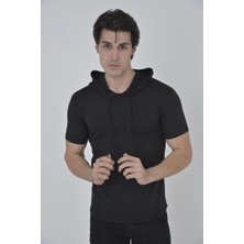 Tarz Yeri Kadın Kapüşonlu T-Shirt Kısa Kol Bisiklet Yaka Slimfit Tişört    - Siyah