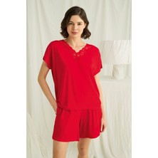 Çamaşır Kenti Kısa Kollu Dantelli V Yaka Şort Pijama Takımı