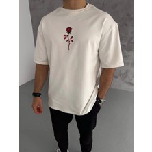 Tarz Yeri Erkek Kısa Kol Tişört Bisiklet Yaka Gül Baskılı Oversize T-Shirt - Beyaz