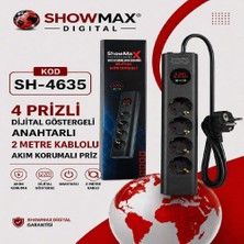 Antenci Showmax SH-4635 Dijital Göstergeli 4lü 2metre Kablolu Akım Korumalı Grup Priz