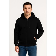 Tarz Yeri Erkek 3 Iplik Pamuklu Kapüşonlu Tam Fermuarlı Cepli Hoodie Sweatshirt - Siyah