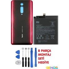 Genos Xiaomi Mi 9t/redmi K20/K20 Pro Arka Pil Kapağı Cam Kırmızı + Batarya Pil BP41 + Montaj Set Uyumlu