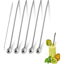 CATEKSSS 6'lı Paslanmaz Krom Pipetli Kokteyl Bar Kaşığı ve Temizleme Fırçası, Kokteyl Karıştırıcı, Gümüş Renk
