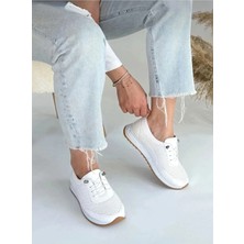 MCasering Ortopedik Tabanlı Günlük Yumuşak Rahat Kadın Cilt Ipli Laser Babet Ayakkabı Beyaz 36 Kısa Topuklu (1- 4 Cm) Mix Suni Deri