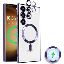 MCasering Galaxy S23 Ultra Kılıf Magsafe Manyetik Kablosuz Şarj Halkası Renkli Kenar Arkası Şeffaf Luxury Case Mor Silikon