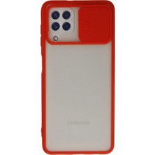 Cepmoda Samsung Galaxy A22 Kırmızı Renk Kamera Sürgülü Telefon Kılıfı - Buzlu Mat Kapak Kırmızı Silikon
