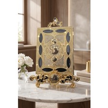 Rasha Collection Işlemeli Altın Renk Metal Kuran Kutusu ve Dekoratif Ayaklı Stand Seti
