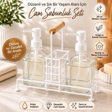 Tunay 2'li Cam Sıvı Metal Standlı Sabunluk & Deterjanlık Seti Beyaz Kapak- 500 ml