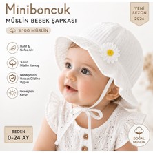Mini Boncuk Miniboncuk Müslin Bebek Şapkası Çiçek Detaylı Bağlamalı Beyaz Güneş Şapkası 🌼