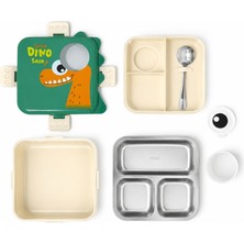 Dream Vest Tek Katlı Kare Dinozor Çelik Beslenme Kutusu 1120ML +70ML Yeşil (E)