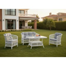 Tu Tienda TİRE ALÜMİNYUM 2 1 1 MASA RATTAN BAHÇE BALKON MOBİLYASI,BEYAZ RATTAN/GRİ KUMAŞ