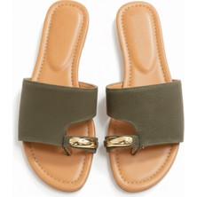Ne&Ve Shoes Haki Süet Hakiki Deri Tokalı Parmak Arası Kadın Şık ve Rahat Terlik