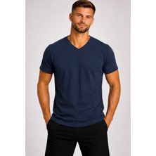 Axxel Erkek Dark İndigo Pamuklu V Yaka Kısa Kollu T-SHIRT-D804