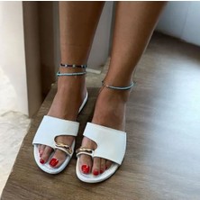 Ne&Ve Shoes Beyaz Deri Tokalı Parmak Arası Kadın Şık ve Rahat Terlik