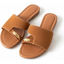 Ne&Ve Shoes Taba Süet Hakiki Deri Tokalı Parmak Arası Kadın Şık ve Rahat Terlik