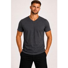 Axxel Erkek Koyu Füme Pamuklu V Yaka Kısa Kollu T-SHIRT-D804