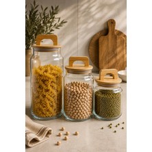 Fhilli Serra - 3'lü Vakumlu Bambu Tutmalı Kapaklı 640 ml 900 ml 1400 ml Kavanoz Takımı